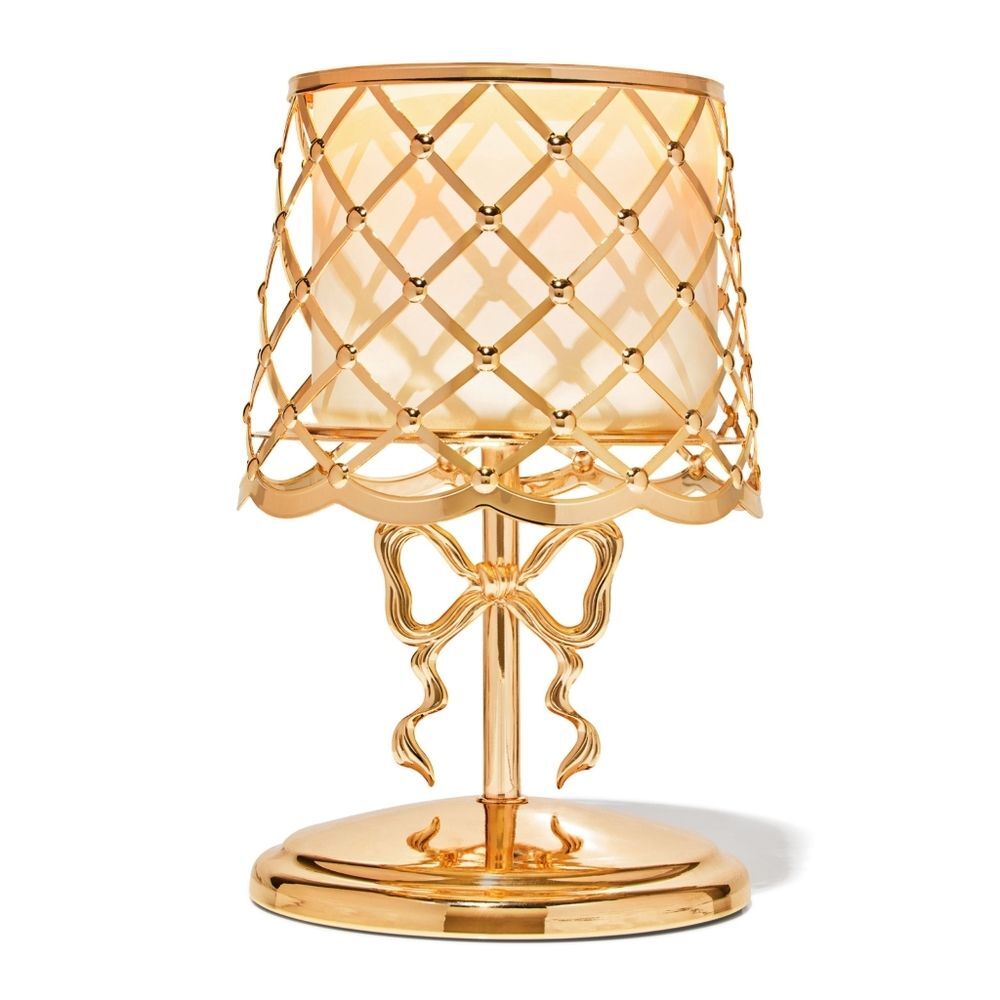 Bath & Body Work Shiny Gold Elegant Bow Lamp 3-Wick Candle Holder Decor NEW Rare